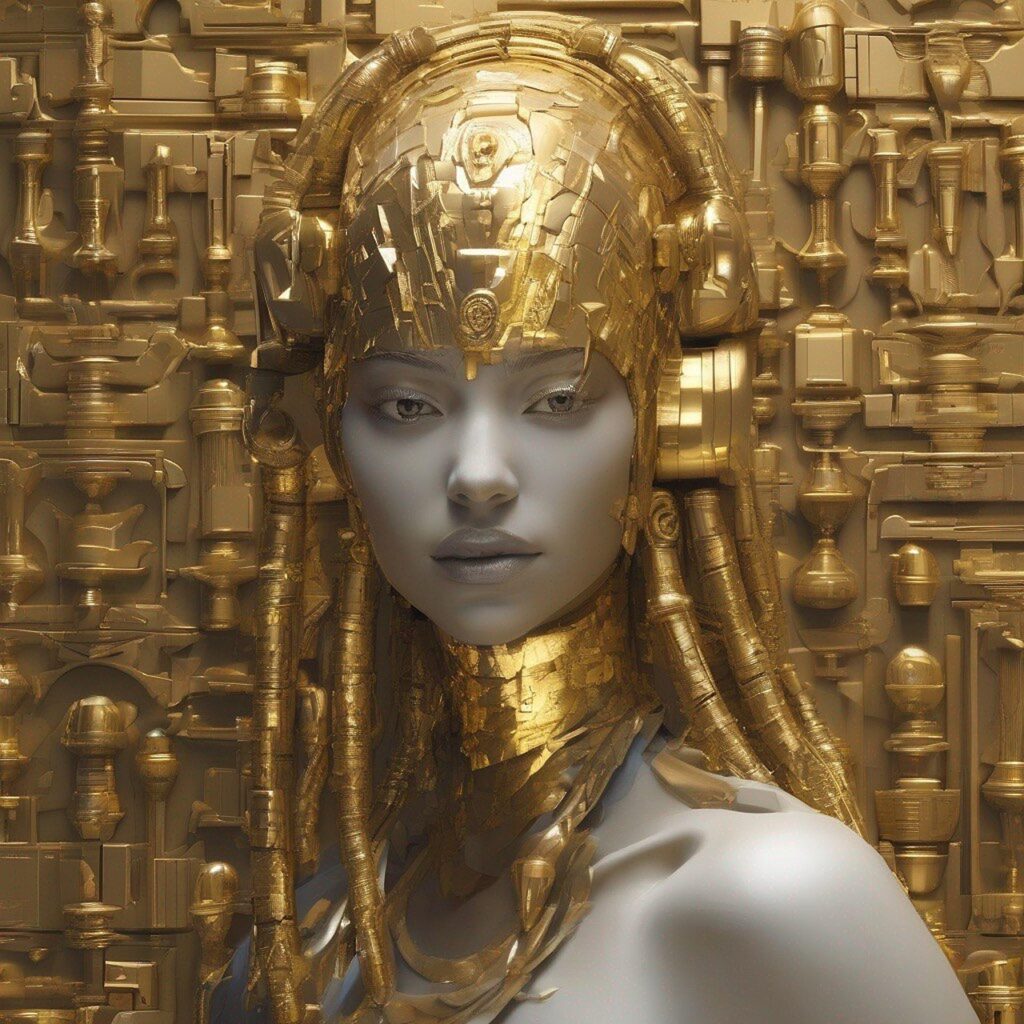 ai generated, woman, money, gold, making bank, made of gold, long hair, female, beautiful, digital art, artificial intelligence, headpiece, gold braids, solid gold, wallpaper